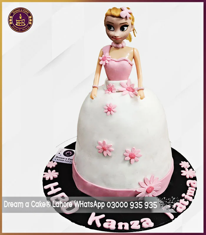 Fondant Made Adorable White and Pink Doll Cake in Lahore