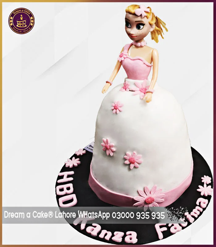 Fondant Made Adorable White and Pink Doll Cake in Lahore