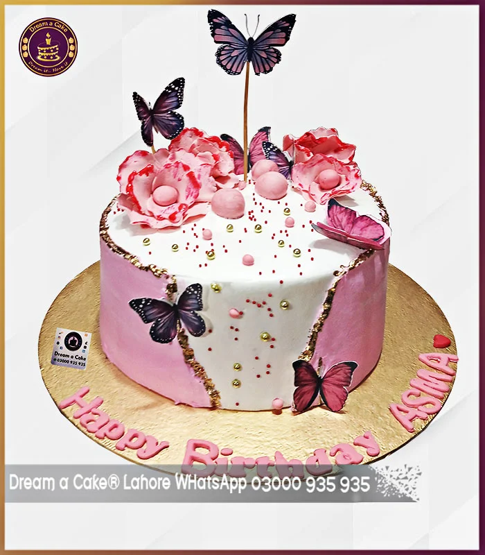 Pink Fault Line Butterflies Cake in Lahore