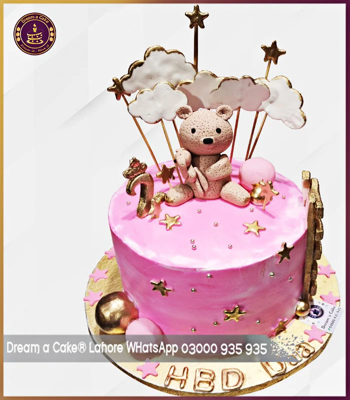 2nd Birthday Golden Ladder Teddy Bear Cake in Lahore