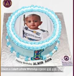 Brilliant Blue 1st Birthday Picture Cake in Lahore