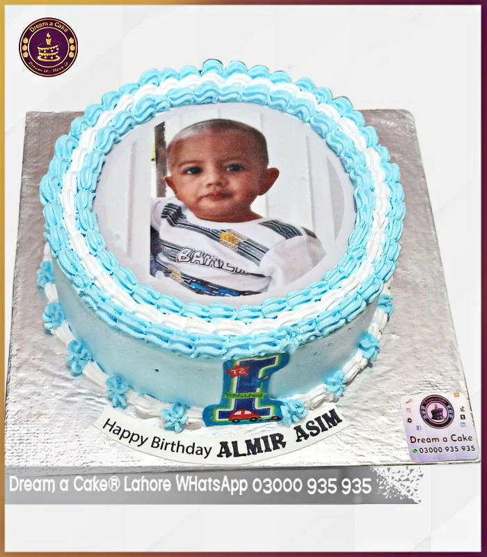 Brilliant Blue 1st Birthday Picture Cake in Lahore