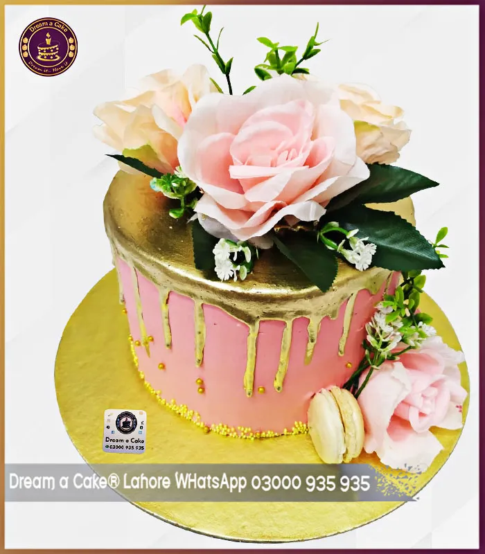 Blushing Beauty Rose Full Pink and Gold Cake in Lahore