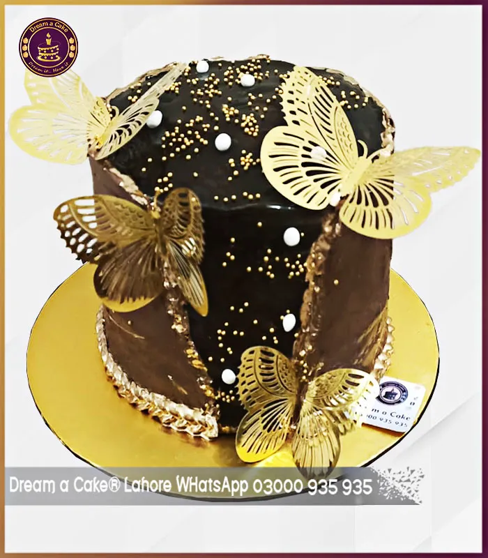 Golden Winged Designed Chocolate Anniversary Cake in Lahore