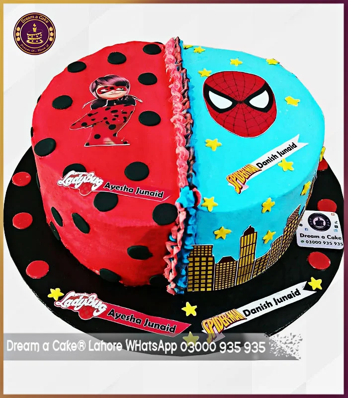 Superhero Spotted Surprise Ladybug and Spiderman Fusion Cake in Lahore