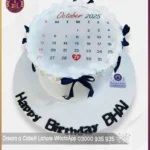 Customize White Calendar Theme Cake with Blue Ribbons in Lahore
