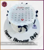 Customize White Calendar Theme Cake with Blue Ribbons in Lahore