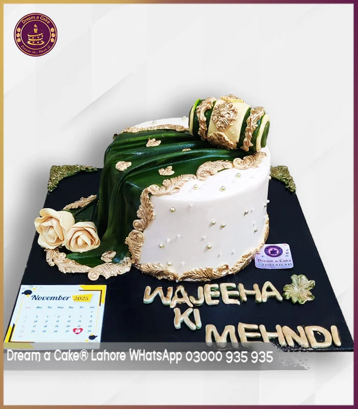 Celebrate Your Mehndi Moments with our Traditional Off-White & Green Mehndi Cake in Lahore
