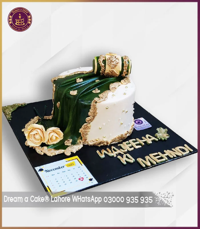 Celebrate Your Mehndi Moments with our Traditional Off-White & Green Mehndi Cake in Lahore