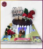 Customized Anniversary Chocolate Cake with Roses in Lahore